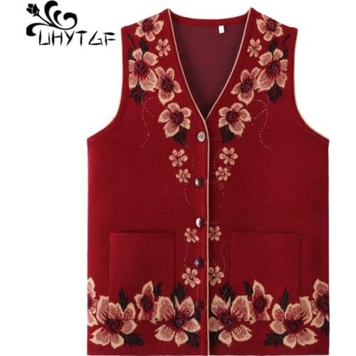 UHYTGF Spring autumn vest women elegant mom sleeveless vest Female fashion flowers single-breasted sweater 4XL plus size coat732