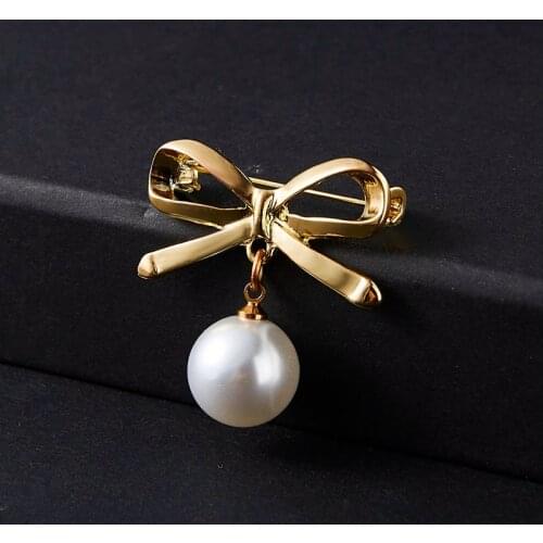 Elegant Gold Silver Color Bowknot Simulated Pearl Brooch Pin For Women Simple Lapel Dress Coat Cardigan Brooches Jewelry Gift