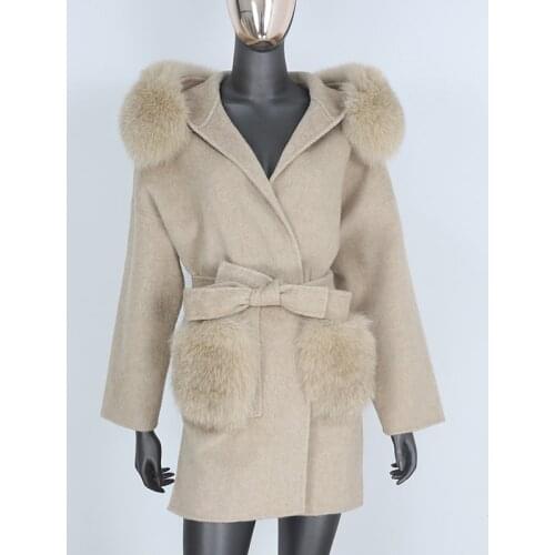 BLUENESSFAIR 2020 Cashmere Wool Blends Real Fur Coat Winter Jacket Women Natural Fox Fur Collar Pocket Outerwear Belt Streetwear