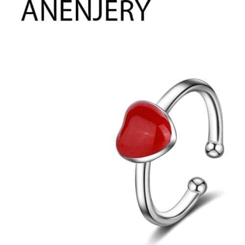 ANENJERY 925 Sterling Silver Simple Red Heart Ring For Women Girl Adjustable Rings S-R470
