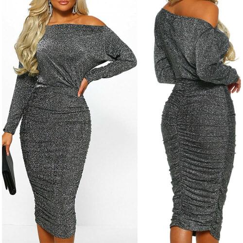 New Fashion Sexy Solid Off Shoulder Slim Elegant Women Sexy Boat Neck Glitter Bodycon Dress Evening Party Formal Dress