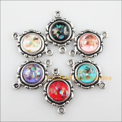 12 New Round Flower Resin Connectors Shivering Mixed Charms Tibetan Silver 15x23mm