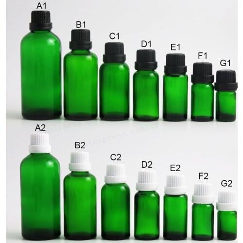 12 x 100ML 50ML 30ML 20ML 15ML 10ML 5ML Green Glass Container Bottles With Black White Tamper Evident Cap 1oz Cosmetic Packaging