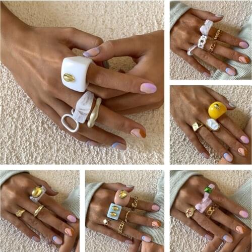 4PCS/Set Trendy Metal Resin Acrylic Hollow Geometric Irregular Ring Sets for Women Men Party Jewelry Gifts