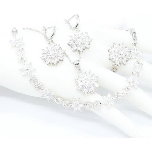 White Cubic Zirconia Sterling Silver Trendy Pendant Necklace Earring Bracelet Ring Jewelry Sets for women Fashion Gift