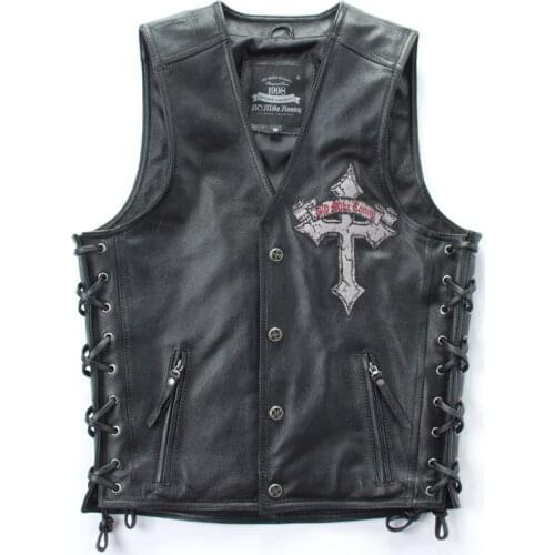 Shipping,Brand new Free style 100% Genuine leather man slim vest.motorbiker mens vests,skull cow leather jacket Embroidery