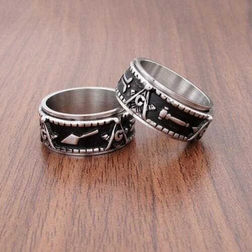 Free Shipping Punk 316L Stainless Steel Masonic Spear Rotatable Symbol Ring Silver Color Freemason Triangle Master Spinner Rings