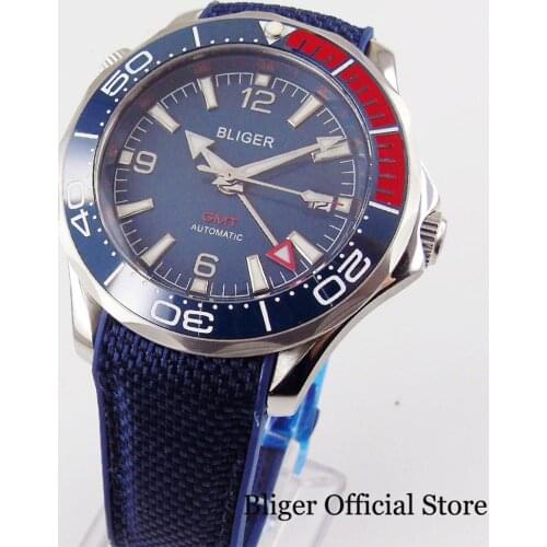 BLIGER Sapphire Glass 41mm Men Watch Automatic Movement GMT Hand Ceramic Bezel Rubber Strap