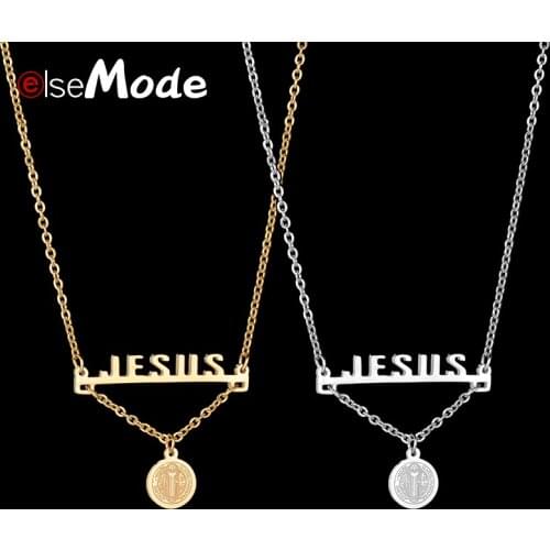 ELSEMODE Charm JESUS Letter Coin Pendant Christian Family Love Female Necklace For Women Girl 316 L Stainless Jewelry