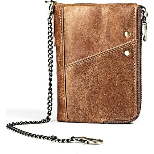 Hot Crazy Horse Chain Wallet Men Genuine Leather RFID Wallets Mini Coin Purse Short Male Clutch Walet Mens Card Holder Money Bag