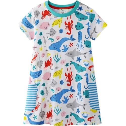 Jumping meters Princess Summer Dresses With Sea Animals Girls Dresses Baby Cotton Clothing Pockets Unicorns Fashion Party Dress