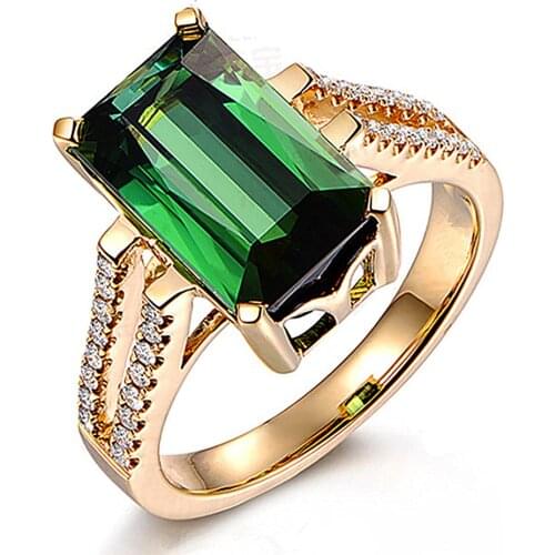 Square green crystal emerald gemstones diamonds rings for women 18k gold color bague jewelry bijoux party accessory gifts new