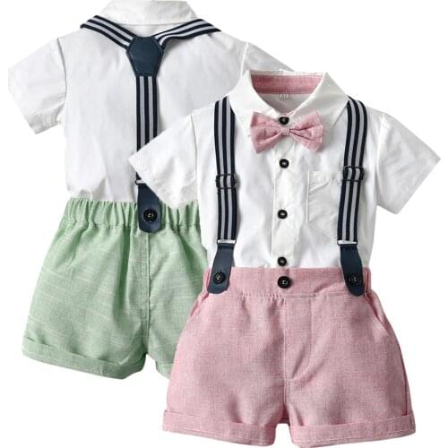 Toddler Boy Clothes Set Summer Boys Gentleman Suit Formal Suit Summer 1-4 Years Short Sleeve Bow Tie Shirt And Suspender Shorts
