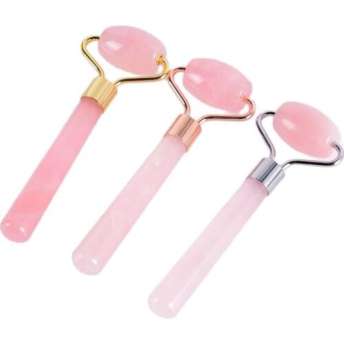 Facial Massage Roller High-Grade Metal No fade Natural Rose Quartz Single Head Jade Stone Massager Eye Head Beauty Wand Tool