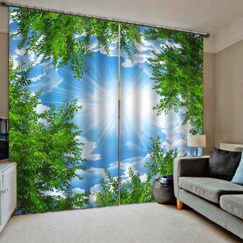 Fashion Customized Curtain Blue Sky White Green Leaves Curtains For Living room Bedroom Blackout Shade Drapes Decor