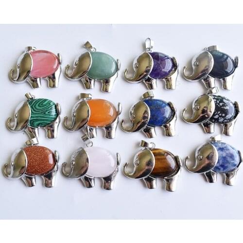 Wholesale 12pcs/ lot Vintage Natural stone Pendant Antique Silver Color Animal Elephant Necklace Pendants Charms Jewelry