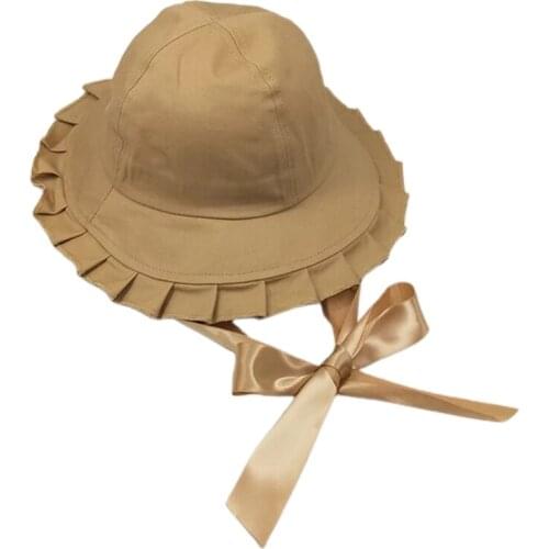 L93F Women Sweet Ruffles Wide Brim Bucket Hat with Long Ribbon Lolita Fisherman Cap