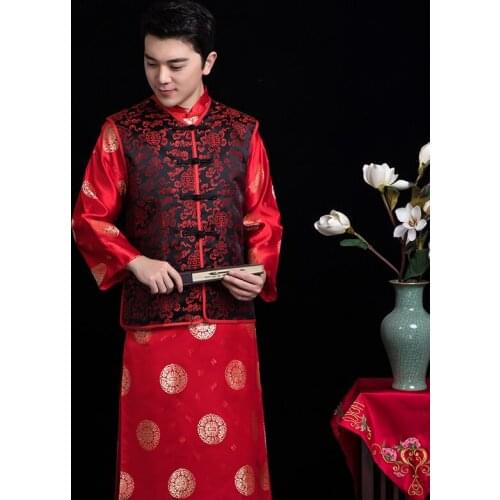 Chinese style wedding Qipao for men red cheongsam costumes grooms dress jacket long gown traditional embroidery male tang suit