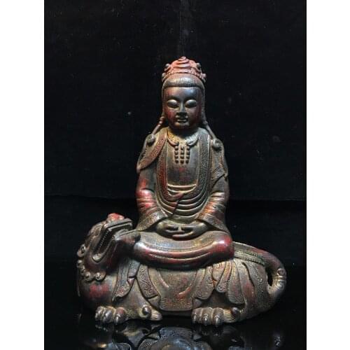 Home Decor 10" Tibet Buddhism Temple Old Bronze Cinnabars Manjushri Buddha Statue Guanyin Bodhisattva statue Avalokitesvara