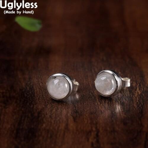 Uglyless 7.5MM MINI Moon Stones Silver Studs Earrings for Women Solid 925 Silver Earrings Natural Gemstones Round Brincos Bijoux