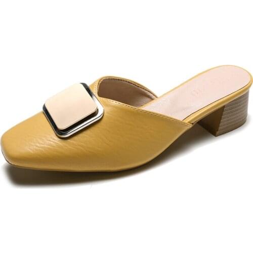Metal Buckle Slippers Women Shoes Woman Mules New Sexy Ladies Shoes Cover Square Toe Mid Heels Solid Leather Casual Shoes Slides
