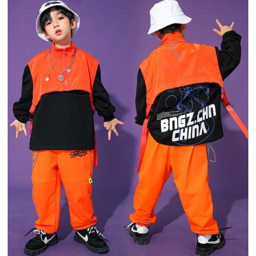 2021 Boys Street Wear Hip Hop Costumes Loose Vest Tops Pants Orange Hiphop Suit Kids Hip-Hop Performance Dance Clothes BL5723