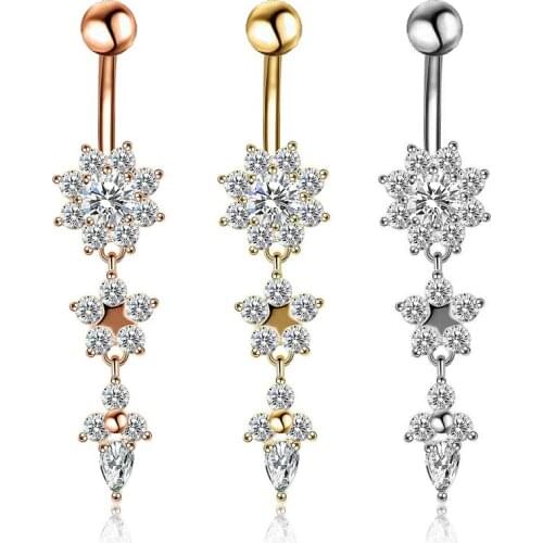 High Quality Charm Flower Navel Piercing Luxury 14G 316L Steel Pendant Earrings Belly Button Rings Piercing Nombril Body Jewelry