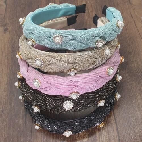 Fashion braided glitter headband women shiny pearl crystal sequin braid headband girl hoop circle female hair accessories