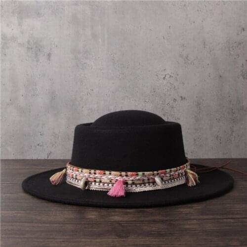 Women Wool Fedora Hat Lady Winter Tassel Pork Pie Hat Gentleman Flat Bowler Porkpie Top Jazz Hat