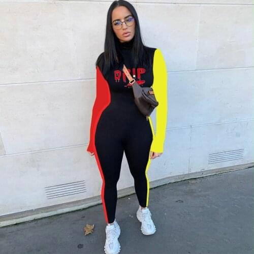 Sexy Patchwork Letter Print Long Jumpsuit Long Sleeve O Neck One Piece Outfit Bodysuit Overalls Streetwear Women Clothing 2020