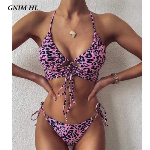 GNIM Bandage Bikini Mujer 2020 Sexy Leopard Print Swimwear Women Two Pieces Summer Beachwear Halter High Cut Brazilian Swimsuit