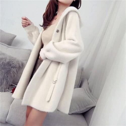 Women 2019 Autumn Winter Faux Mink Hooded Oversize Knitted Cardigan Sweater Coat Female Warm Thicken Loose Jacket Outerwear S19