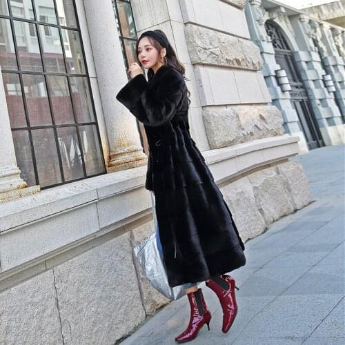 Women Copenhagen velvet natural mink fur overcoat female overalls coat mink outerwear long skirt put waist thin