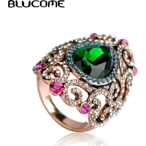 Blucome Luxury Turkish Wide Rings For Lady Women Vintage Style Jewelry Full Crystal Rhinestone Big Rings Green Flower Ring Aneis