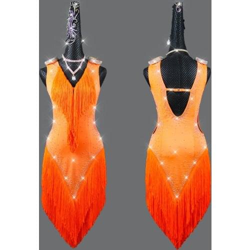 2021 New Orange Latin Dance Performance Competition Costume Dance Performance Tassel Dress Womens Professional latin dress