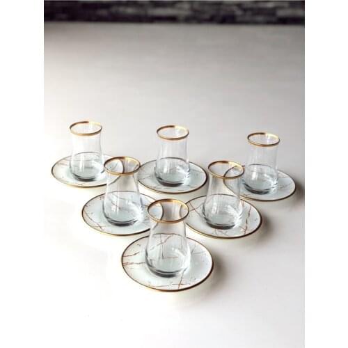 Gold White Marble 12 Pieces/6 Person Tea Set Traditional Turkish Style Glass Tea Cups Perfect Quality Made in turkey