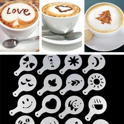 16Pcs Fashion Cappuccino Coffee Barista Stencils Template Strew Flowers Pad Duster Spray