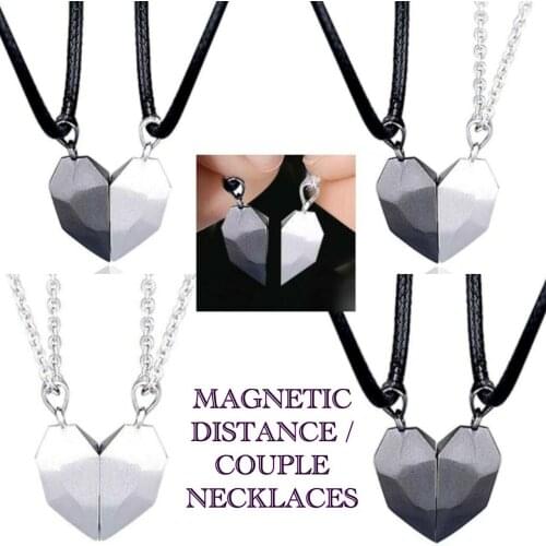 2Pcs Minimalist Lovers Matching Friendship Heart Pendant Creative Couple Magnetic Distance Faceted Heart Necklace Jewelry Gift