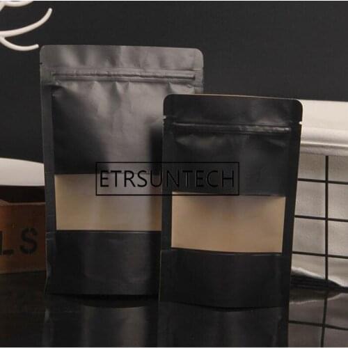 300pcs/lot Black kraft paper zipper stand up bag food powder coffee packaging bags with transparent window