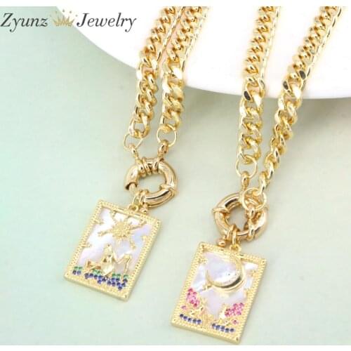 5PCS, Elegant Crystal Zirconia Shell Rectangle Pendants Necklaces For Women Gold Curb Chain Vintage Necklace Collier DIY Jewelry