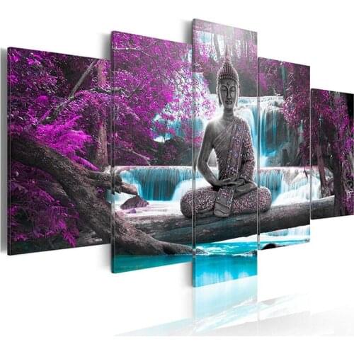 5Pcs Waterfall Purple Tree Buddha Statue 5D Diamond Painting Full Square Round Drill Cross Stitch Kits Mosaic EmbroideryZP-3950