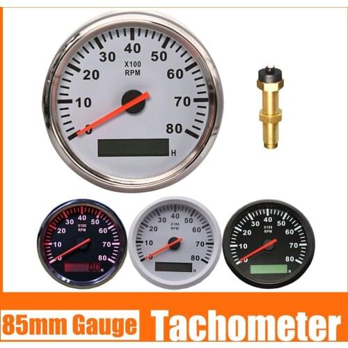 85mm Car Boat Tachometer 8000 RPM With LCD Hourmeter Red Backlight M16 M18 Sensor Car Marine Tacho Meter 12V/24V