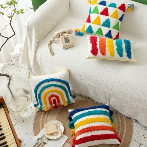 9 Styles Rainbow Striped Tufted Lumbar Pillow Case Boho Decorative Cushion Cover Morocco Fringe Tassels Sofa Home Cushion Covers
