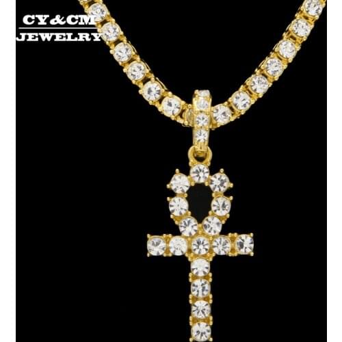 Ankh Silver Color Mens Hip Hop Iced Out Gold Rhinestone Key of Life Egypt Cross Pendant Tennis Chain Crystal Necklace for Men
