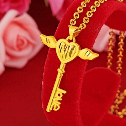 Key Wing Pendant Chain Girls Charm Jewelry Gift Yellow Gold Filled Fashion Accessories