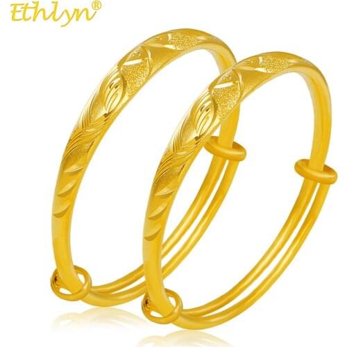 Ethlyn 2pcs/lot Adjustable Matte Gold Color Engraved Bangles Bracelets for women Daily Wear Jewelry MY72