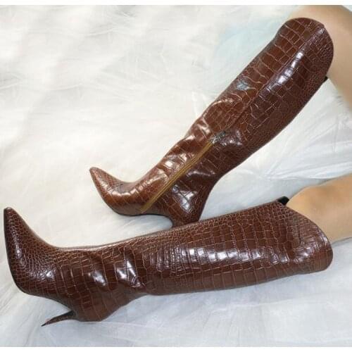 Moraima Snc Brown Leather High Heel Boots Sexy Pointed Toe Knee High Fashion Boots Thin Heels Runway Riding boots