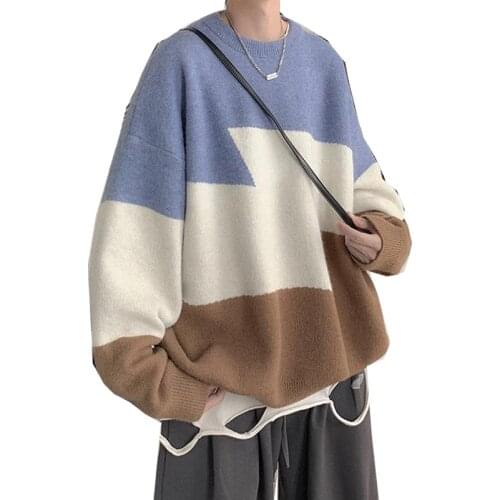 Suéter de cuello redondo para hombre, ropa de calle informal Harajuku a la moda, Jersey de punto con parches cálido, Hip Hop, Ot