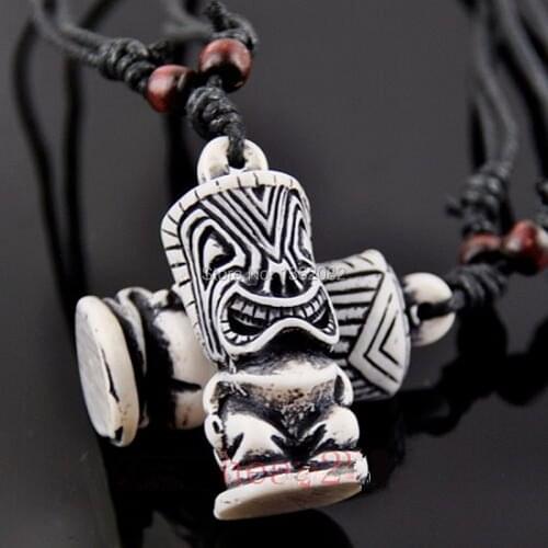 Cool Imitation Yak Bone Carving Tiki Totem Pendant Necklace Lucky Amulet Talisman for Men Womens Gift MN602