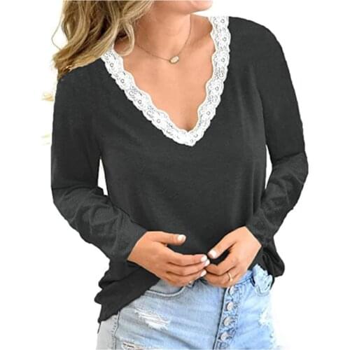 Lace Sexy t-shirt Women Ladies Tops Fashion Lace V- Neck Long Sleeve White Tshirt And Tops Women Shirt